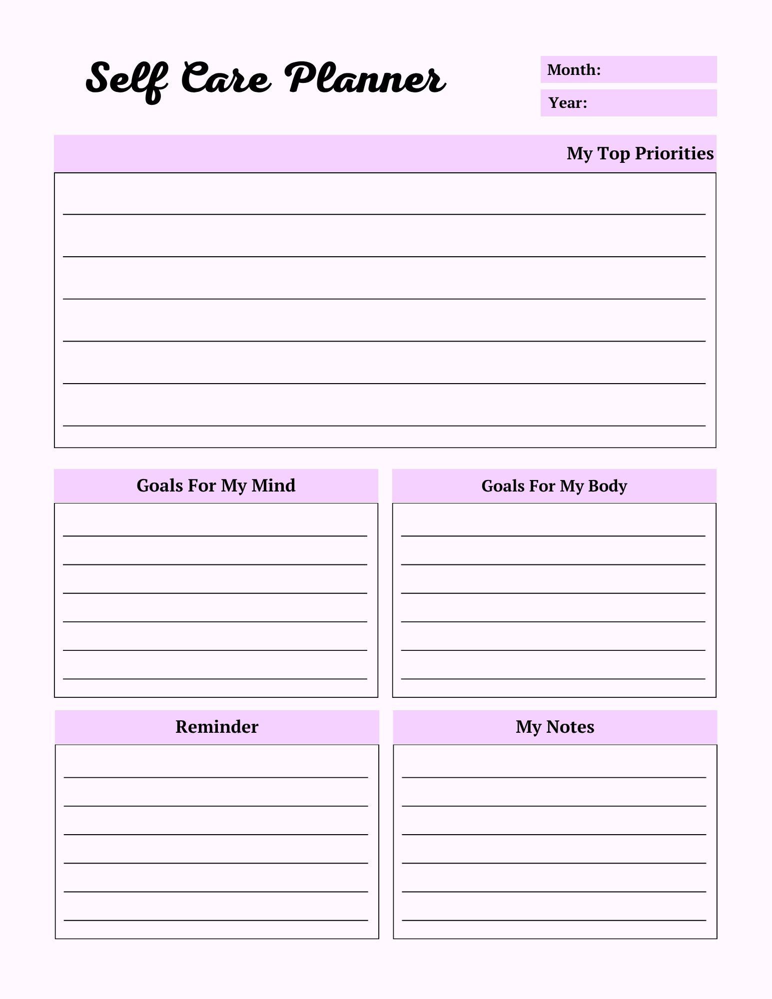 Colorful Self Care Planner