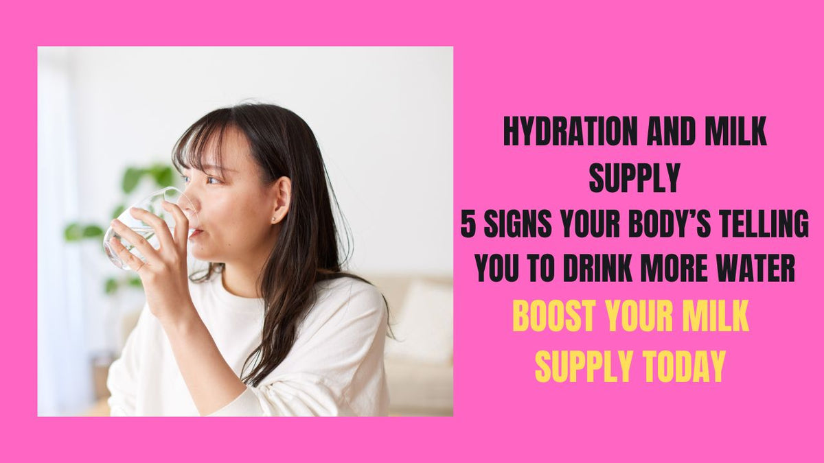 Woman drinking water with text about hydration and milk supply on a pink background