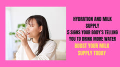 Woman drinking water with text about hydration and milk supply on a pink background